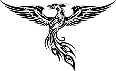 Tribal phoenix tattoo vector, black silhouette bird, mythological fire creature, wings spread, flame design, rebirth symbol, spiritual art, decorative ink