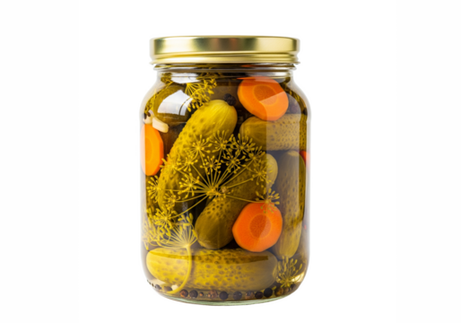 A tall glass jar filled with dill pickles and sliced carrots preserved in brine isolated on transparent background
