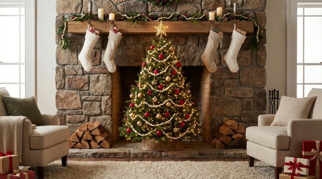 Decorated christmas tree illuminating a cozy living room with a stone fireplace, stockings hanging from the mantelpiece, and stacks of firewood, creating a warm holiday atmosphere - Powered by Adobe