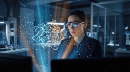 Female Scientist Using Augmented Reality to Analyze 3D Data in Lab