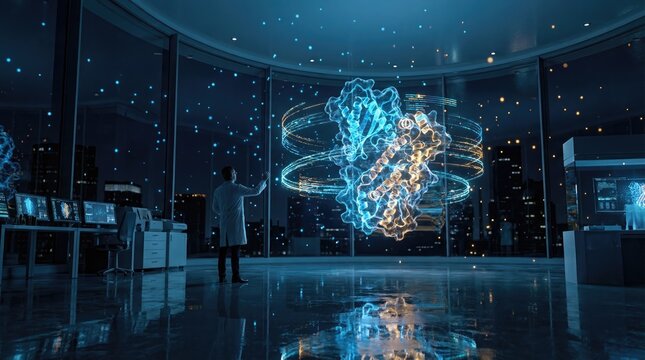 Scientist Interacting with Holographic Protein Model in Modern Lab