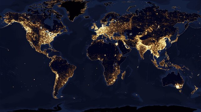 A stunning view of global night lights illuminating cities and landscapes across the world