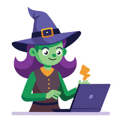 cartoon halloween witch using laptop