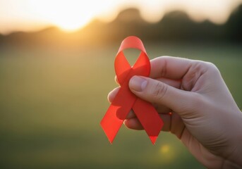 Hand holding red ribbon awareness for aids and cancer day world aids day and world cancer day concept healthcare and medicine concept