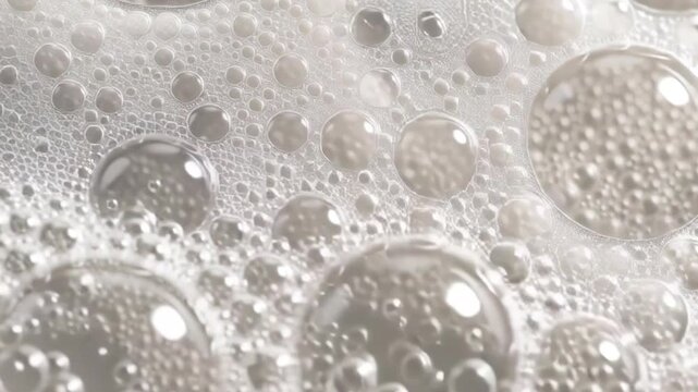 Bubble cleanser foaming close up on glossy surface, fresh skincare cleansing texture with airy soap bubbles, hygiene and beauty concept, purity freshness aesthetic abstract video loop