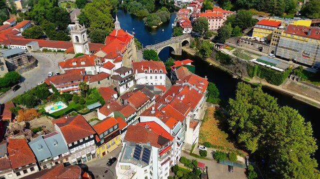 Amarante, Portugal from Above &ndash; Cinematic Drone View of Historic Bridge, Old Town and Riverside Landscape. Portugal Landmarks
