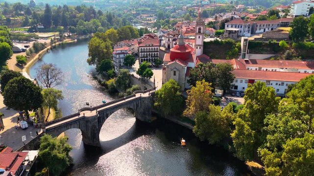 Amarante, Portugal from Above &ndash; Cinematic Drone View of Historic Bridge, Old Town and Riverside Landscape. Portugal Landmarks