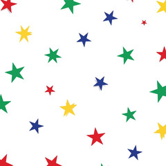 Obraz premium A seamless pattern of colorful red, blue, green, and yellow stars scattered on a white background, perfect for festive designs.