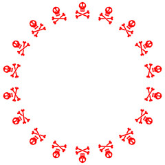 Simple skull with cossbone icons in pixel style arranged in a circular border on. Warning or danger frame border theme