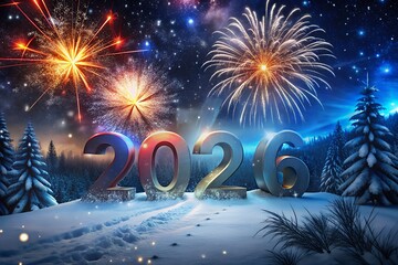 Sparkling new year 2023 fireworks display over snowy forest landscape