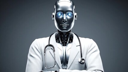 Futuristic humanoid robot in a lab coat with stethoscope showcasing advanced technology and healthcare innovation - Powered by Adobe