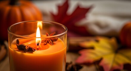 A lit candle in a glass with cinnamon sticks and star anise, with pumpkins and autumn leaves.
