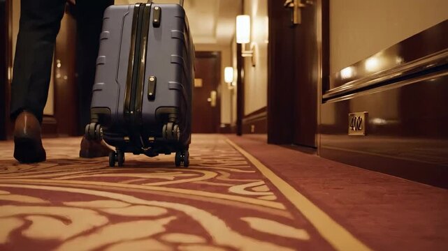 Wheeled suitcase glides over patterned carpet in hotel corridor with soft lighting, businessman in the background pulling his luggage in peaceful ambience.