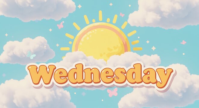 Whimsical Wednesday Background with Cartoon Sun Clouds and Butterflies Design