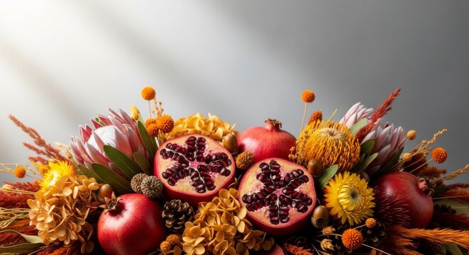 A vibrant floral arrangement featuring pomegranates, various flowers, and autumnal elements.