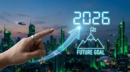 Hand pointing at a glowing upward arrow toward a flag-topped mountain peak over a futuristic city with flying vehicles, future goal 2026 symbolizing progress and ambition
