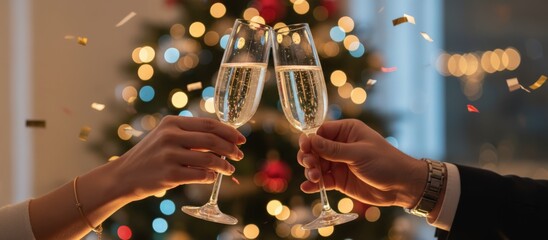 Man and woman clinking champagne flutes in front of a bokeh christmas tree, confetti falling as they toast the holiday season and new year in an intimate festive moment