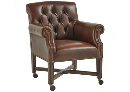 Brown Leather Tufted Armchair with Brass Studs and Casters isolated on a transparent background