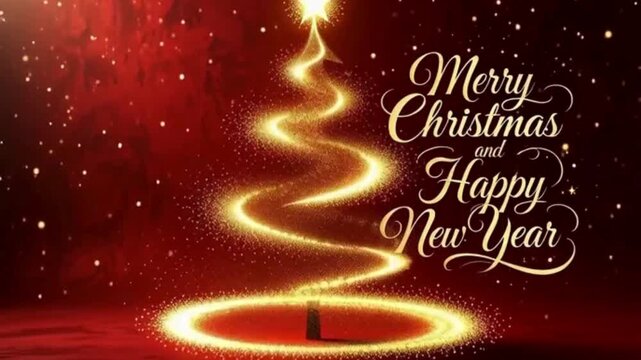 Deep red festive background, shimmering gold dust swirling upward forming a glowing Christmas tree, falling snow particles, elegant scripted Merry Christmas and Happy New Year message - Powered by Adobe