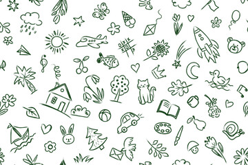 Seamless pattern with a set of sketches of children's icon elements. A child's black pencil drawing on a white background. A childish charcoal drawing style. Vector illustration for print, wallpaper