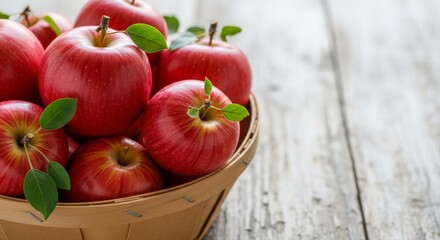 A basket overflowing with ripe, red apples, showcasing freshness and natural beauty on a rustic wooden surface.