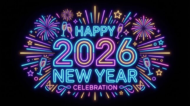 Colorful neon sign glowing with happy 2026 new year celebration text, sparkling fireworks, champagne glasses, and decorative elements creating a festive atmosphere on a dark background