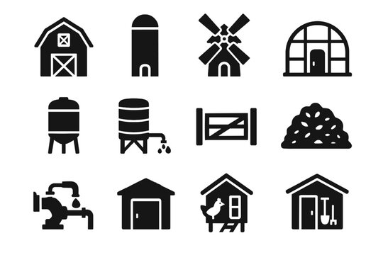 Heap icon farm irrigation pump shed fence windmill set vector coop silo