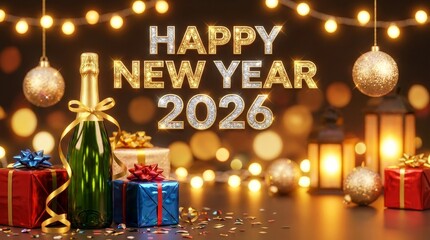 Sparkling happy new year 2026 glowing above a champagne bottle wrapped in gold ribbon, surrounded by colorful gifts, festive lights and confetti for a luxurious celebration