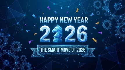 Happy new year 2026 typography featuring a low poly chess knight, digital network lines, gears, confetti, and lightning, symbolizing strategic planning and future technology