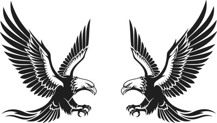 Symmetrical eagle vector illustration, aggressive posture, black and white silhouette, facing birds, heraldic style, tattoo design, freedom, power, patriotic symbol