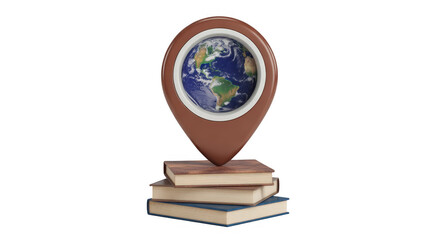 Brown map pin with Earth inside on stack of books isolated on a transparent background