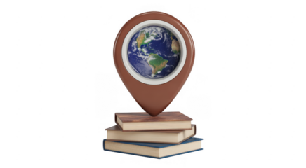 Brown map pin with Earth inside on stack of books isolated on a transparent background