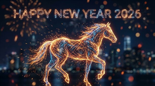 Abstract wireframe horse illustration creating a vibrant, sparkling display against a blurred city skyline with fireworks, marking the happy new year 2026 and chinese zodiac