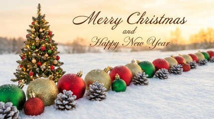 Christmas tree and colorful ornaments are decorating a snowy winter field at sunset, creating a festive holiday greeting with text overlay for merry christmas and happy new year