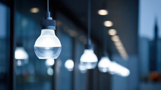 Elegant hanging light bulbs illuminate modern architecture, creating a stylish ambiance in an urban environment at twilight, enhancing contemporary design aesthetics.