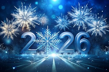 Sparkling new year 2026 with snowflakes and fireworks