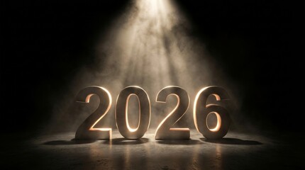 Year 2026 numbers standing prominently in a spotlight, symbolizing hope, future planning, goal setting, new year resolutions, and upcoming events against a dark, dramatic background