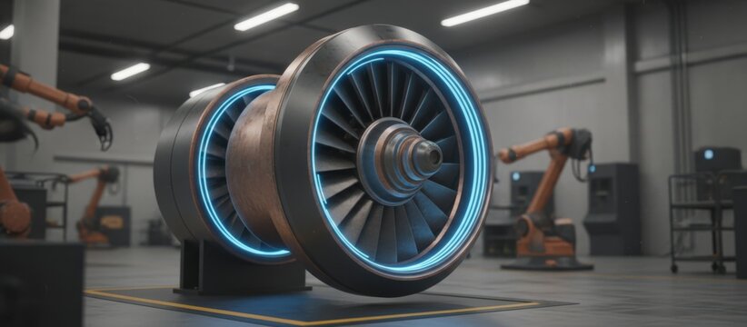 Jet engine illuminating with blue light standing in a modern smart factory, robotic arms managing industrial manufacturing processes and assembly line - Powered by Adobe