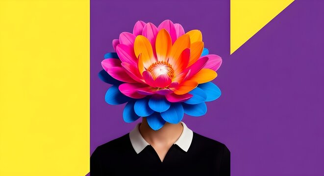 Vibrant surreal portrait featuring a person with a multicolored layered flower as the head — bold conceptual artwork perfect for branding, editorial, and creative advertising