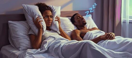 Annoyed woman in bed covering her ears with a pillow, unable to sleep due to her partner loudly snoring beside her, highlighting sleep disruption and relationship strain