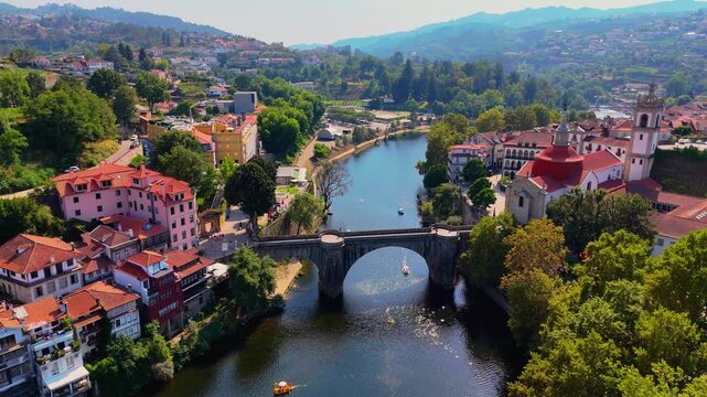 Amarante, Portugal from Above &ndash; Cinematic Drone View of Historic Bridge, Old Town and Riverside Landscape. Portugal Landmarks