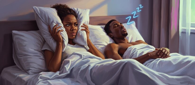 Annoyed woman in bed covering her ears with a pillow, unable to sleep due to her partner loudly snoring beside her, highlighting sleep disruption and relationship strain - Powered by Adobe