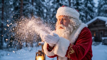 Naklejka premium Santa claus in his traditional red suit and white beard blowing a cloud of sparkling snow from his gloved hands, surrounded by a winter forest and a cozy cabin