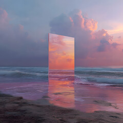 Abstract factasy and realistic mirror in desert, background, futuristic