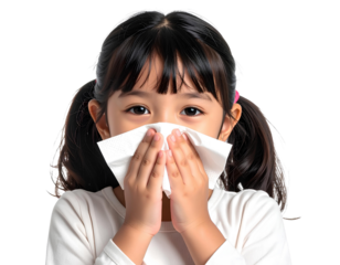 Asian little girl sneezing and using a tissue, isolated on transparent background.