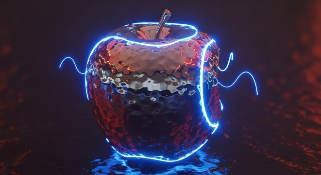 Highly reflective, textured fruit shape glows with vibrant blue neon energy against a dark, atmospheric background