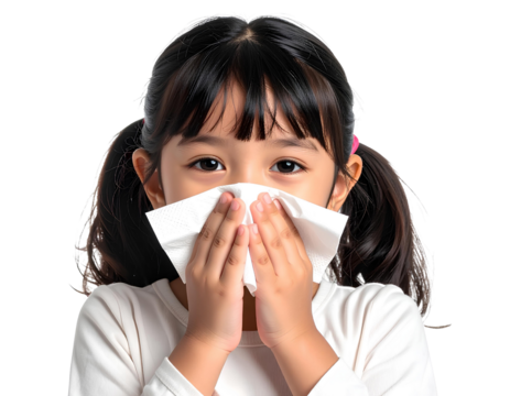 Asian little girl sneezing and using a tissue, isolated on transparent background.