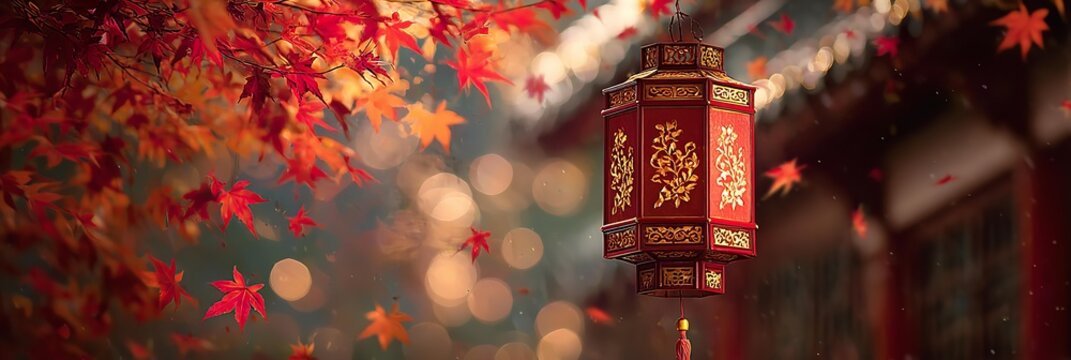 A red lantern hangs from a tree branch.