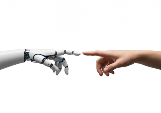 Close up of a robotic hand and a human finger touching on a black background symbolizing artificial intelligence and humanity connection isolated on transparent background