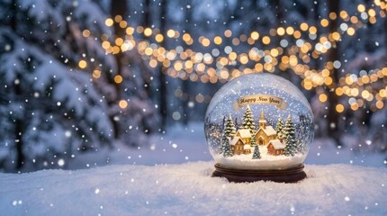 Festive snow globe showing a miniature winter village with snow-covered trees and houses, featuring a happy new year banner, set in a snowy forest scene with blurred string lights